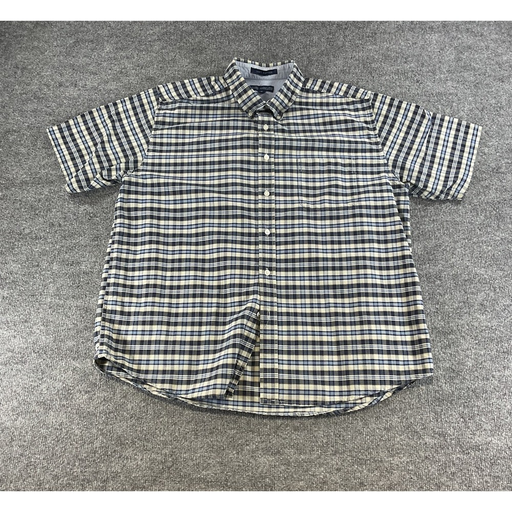 John Ashford Plaid Button Up Shirt Mens XL 100% Cotton Short Sleeve Blue Tan Che